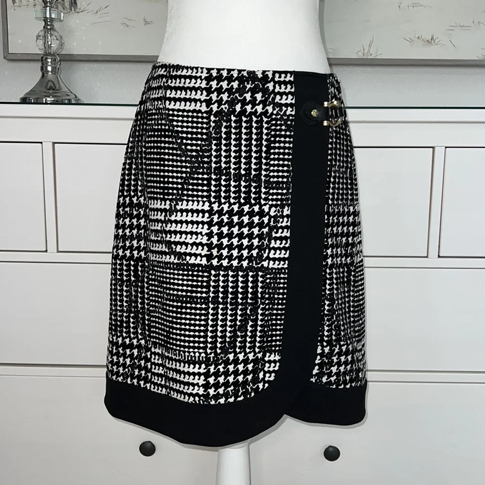 The Carlisle Black & White Skirt W/ Faux Drape, Leather & Gold Buckle, Side Zip